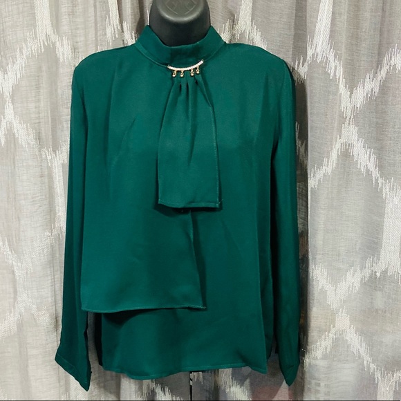 Top Green emerald Blouse Long Sleeve Shirt career statement mock turtleneck y2k - Picture 2 of 6